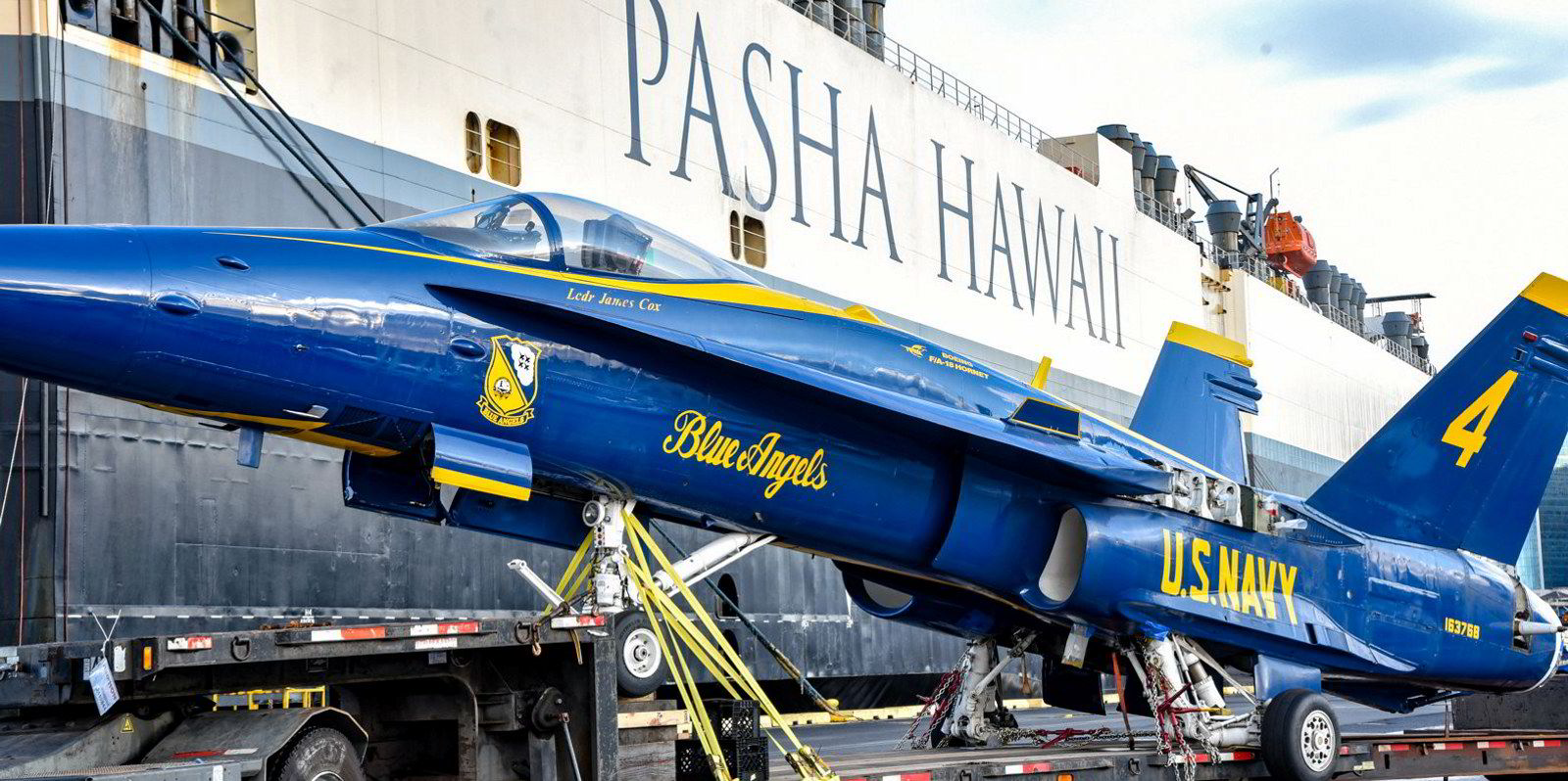 US Navy Blue Angel jet hitches a ride with Pasha Hawaii